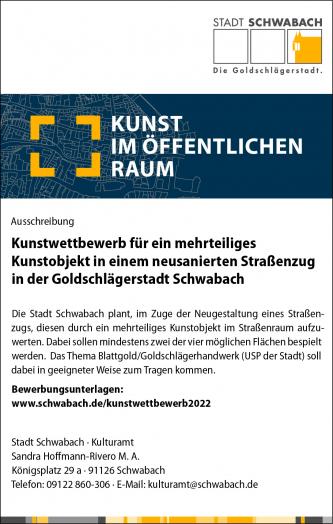 Hoffmann-Rivero M.A. Sandra  Kunstwettbewerb 2022 Kulturamt Stadt Schwabach mit insgesamt 80.000 EUR.  Bewerben von 01.04.2022 bis 27.05.2022 Bildhauer Holzskulpturen