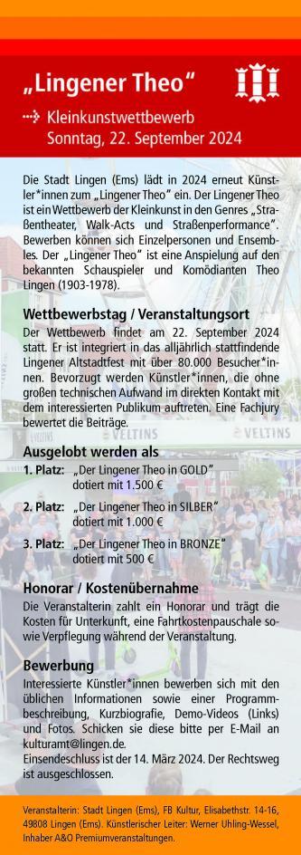 Wessel Werner  Internationaler Lingener Straßen und Kleinkunstwettbewerb - am 22. September 2024 - Einsendeschluss ist der 30.April 2024 Straßenkunstfestivals Strassenkunstwettbewerbe